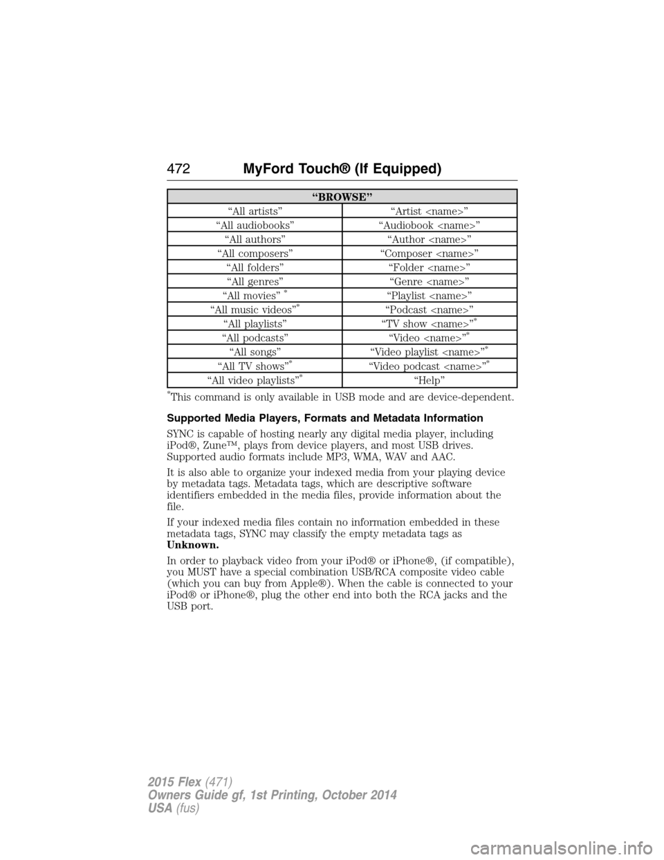 FORD FLEX 2015 1.G Owners Manual “BROWSE”
“All artists” “Artist <name>”
“All audiobooks” “Audiobook <name>”
“All authors” “Author <name>”
“All composers” “Composer <name>”
“All folders” “Fold