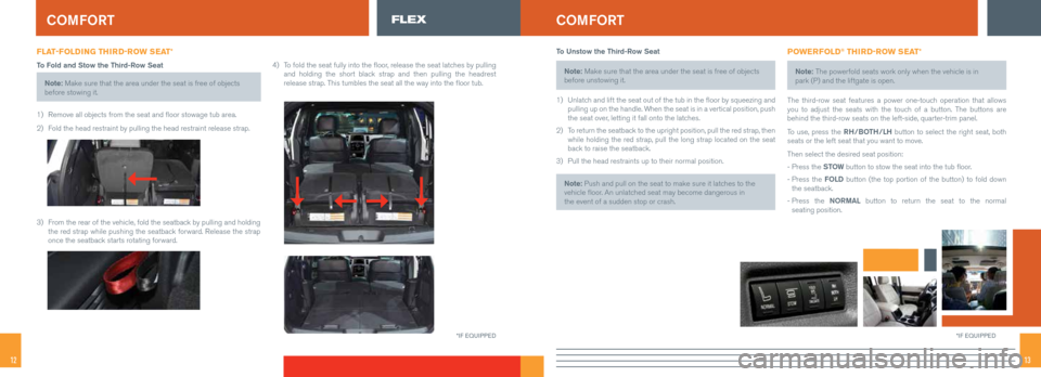 FORD FLEX 2015 1.G Quick Reference Guide 1312
FLAT-FOLDING THIRD-ROW SEAT*
To Fold and Stow the Third-Row SeatNote: Make sure that the area under the seat is free of objects 
before stowing it.
1)  Remove all objects from the seat and floor 