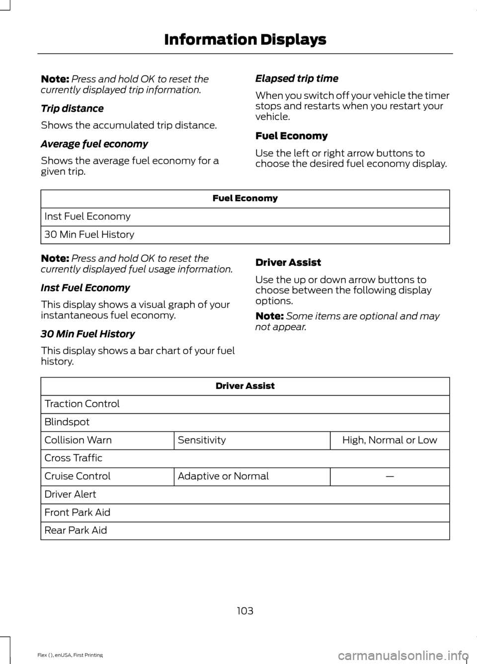 FORD FLEX 2016 1.G Owners Manual Note:
Press and hold OK to reset the
currently displayed trip information.
Trip distance
Shows the accumulated trip distance.
Average fuel economy
Shows the average fuel economy for a
given trip. Elap