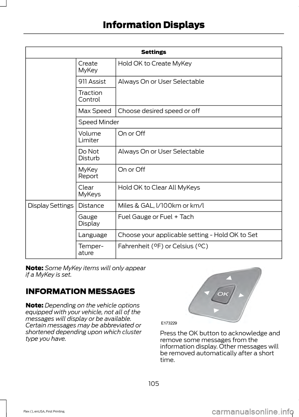 FORD FLEX 2016 1.G Owners Manual Settings
Hold OK to Create MyKey
Create
MyKey
Always On or User Selectable
911 Assist
Traction
Control
Choose desired speed or off
Max Speed
Speed Minder
On or Off
Volume
Limiter
Always On or User Sel FORD FLEX 2016 1.G Owners Manual Settings
Hold OK to Create MyKey
Create
MyKey
Always On or User Selectable
911 Assist
Traction
Control
Choose desired speed or off
Max Speed
Speed Minder
On or Off
Volume
Limiter
Always On or User Sel