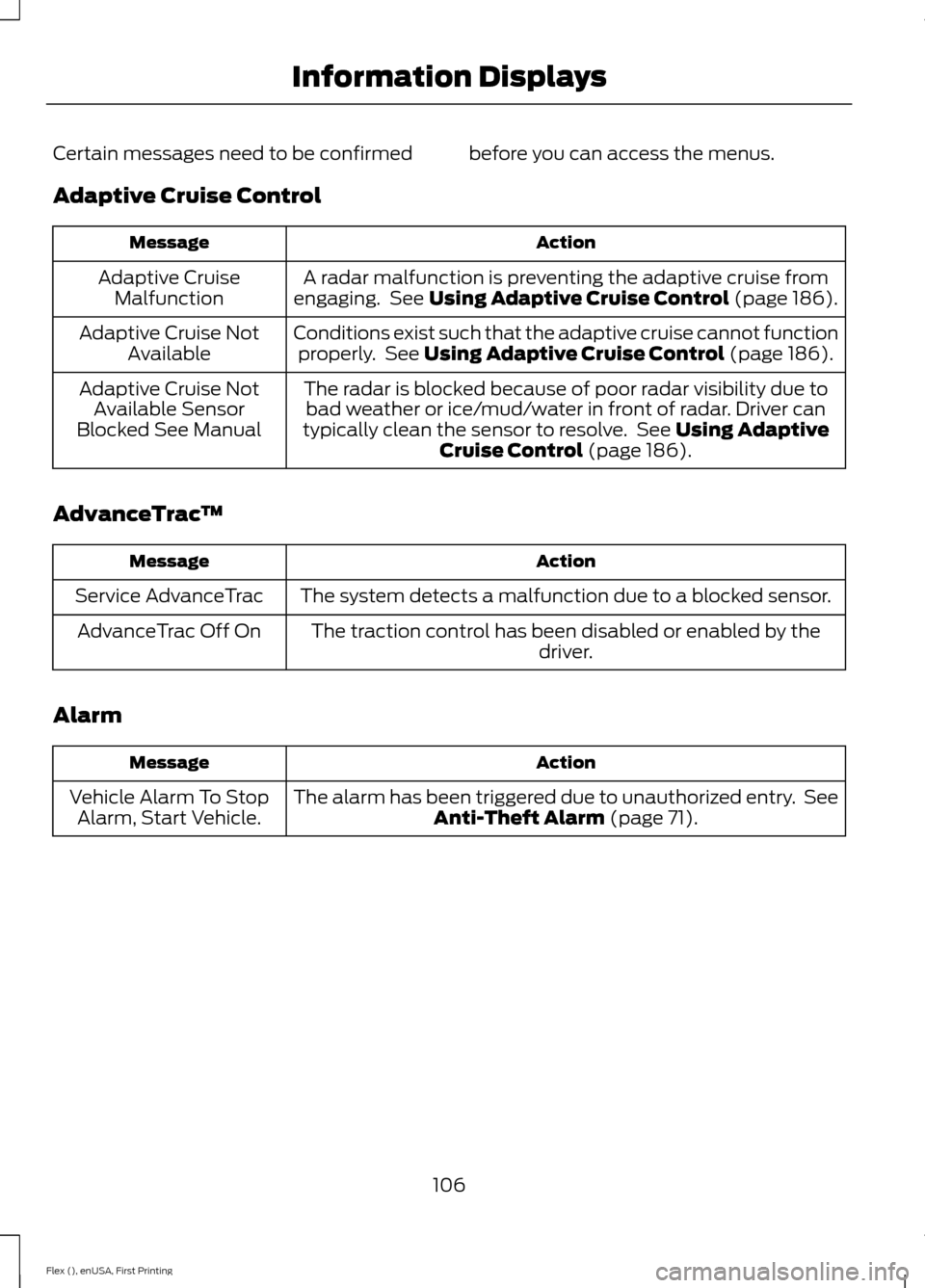 FORD FLEX 2016 1.G Owners Manual Certain messages need to be confirmed before you can access the menus.
Adaptive Cruise Control
Action
Message
A radar malfunction is preventing the adaptive cruise from
engaging.  See Using Adaptive C