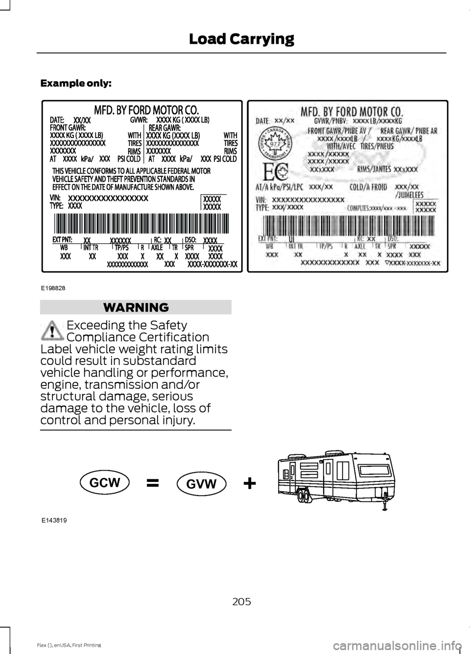 FORD FLEX 2016 1.G Owners Manual Example only:
WARNING
Exceeding the Safety
Compliance Certification
Label vehicle weight rating limits
could result in substandard
vehicle handling or performance,
engine, transmission and/or
structur FORD FLEX 2016 1.G Owners Manual Example only:
WARNING
Exceeding the Safety
Compliance Certification
Label vehicle weight rating limits
could result in substandard
vehicle handling or performance,
engine, transmission and/or
structur