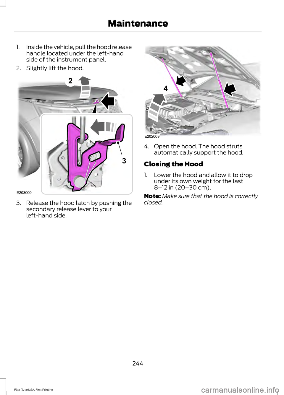 FORD FLEX 2016 1.G Owners Manual 1.
Inside the vehicle, pull the hood release
handle located under the left-hand
side of the instrument panel.
2. Slightly lift the hood. 3. Release the hood latch by pushing the
secondary release leve