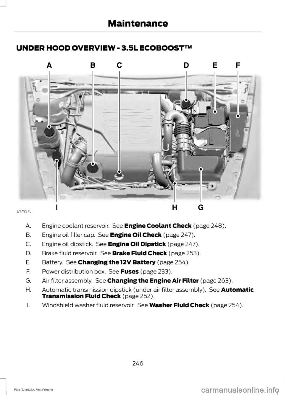 FORD FLEX 2016 1.G Owners Manual UNDER HOOD OVERVIEW - 3.5L ECOBOOST™
Engine coolant reservoir.  See Engine Coolant Check (page 248).
A.
Engine oil filler cap.  See 
Engine Oil Check (page 247).
B.
Engine oil dipstick.  See 
Engine