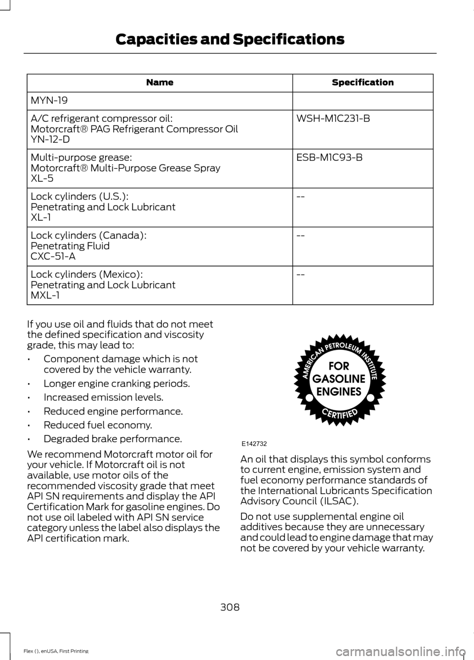 FORD FLEX 2016 1.G Owners Manual Specification
Name
MYN-19 WSH-M1C231-B
A/C refrigerant compressor oil:
Motorcraft® PAG Refrigerant Compressor Oil
YN-12-D
ESB-M1C93-B
Multi-purpose grease:
Motorcraft® Multi-Purpose Grease Spray
XL-
