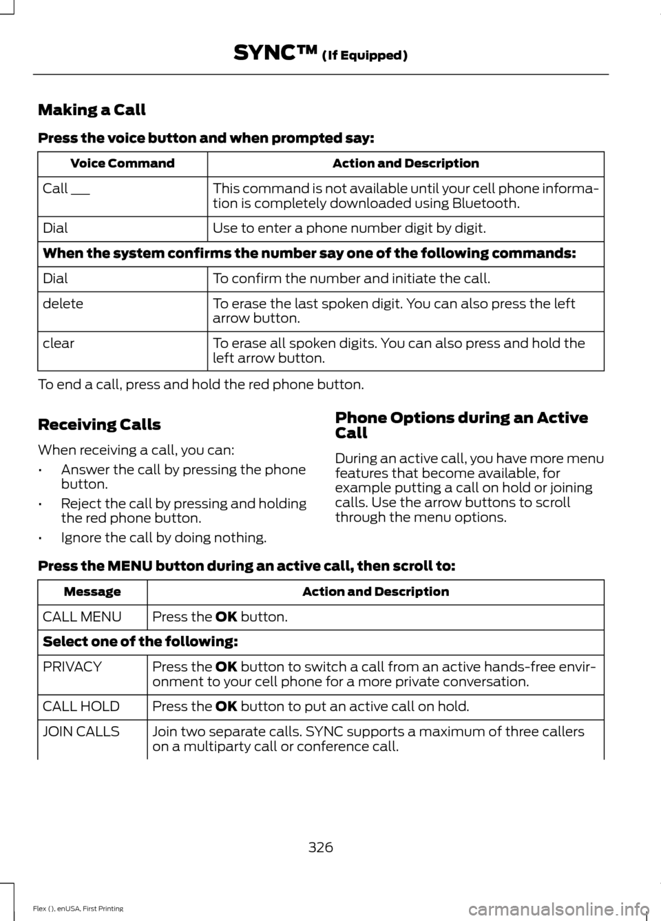 FORD FLEX 2016 1.G Owners Manual Making a Call
Press the voice button and when prompted say:
Action and Description
Voice Command
This command is not available until your cell phone informa-
tion is completely downloaded using Blueto