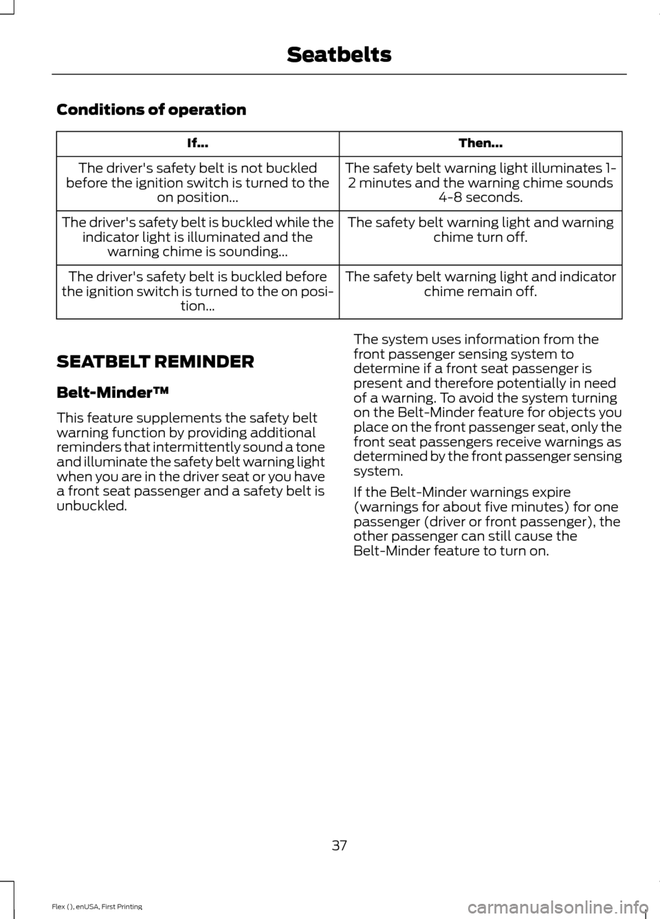 FORD FLEX 2016 1.G Owners Guide Conditions of operation
Then...
If...
The safety belt warning light illuminates 1-2 minutes and the warning chime sounds 4-8 seconds.
The drivers safety belt is not buckled
before the ignition switch