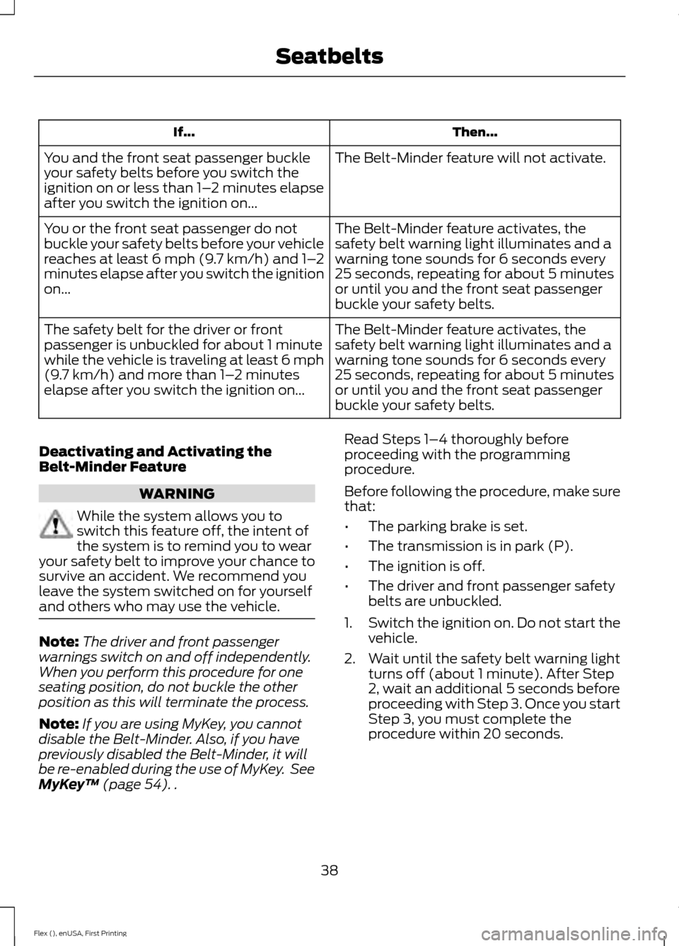 FORD FLEX 2016 1.G Owners Manual Then...
If...
The Belt-Minder feature will not activate.
You and the front seat passenger buckle
your safety belts before you switch the
ignition on or less than 1– 2 minutes elapse
after you switch FORD FLEX 2016 1.G Owners Manual Then...
If...
The Belt-Minder feature will not activate.
You and the front seat passenger buckle
your safety belts before you switch the
ignition on or less than 1– 2 minutes elapse
after you switch