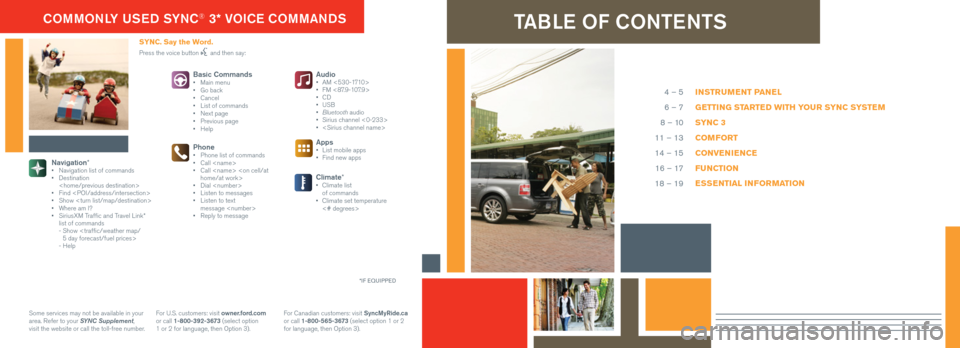 FORD FLEX 2016 1.G Quick Reference Guide TABLE OF CONTENTS
INSTRUMENT PANEL
GETTING STARTED WITH YOUR SYNC SYSTEM
SYNC 3
COMFORT
CONVENIENCE
FUNCTION
ESSENTIAL INFORMATION
4 – 5 
6 – 7
8 – 10
11 – 13
14 – 15 16 – 17
18 – 19
Aud