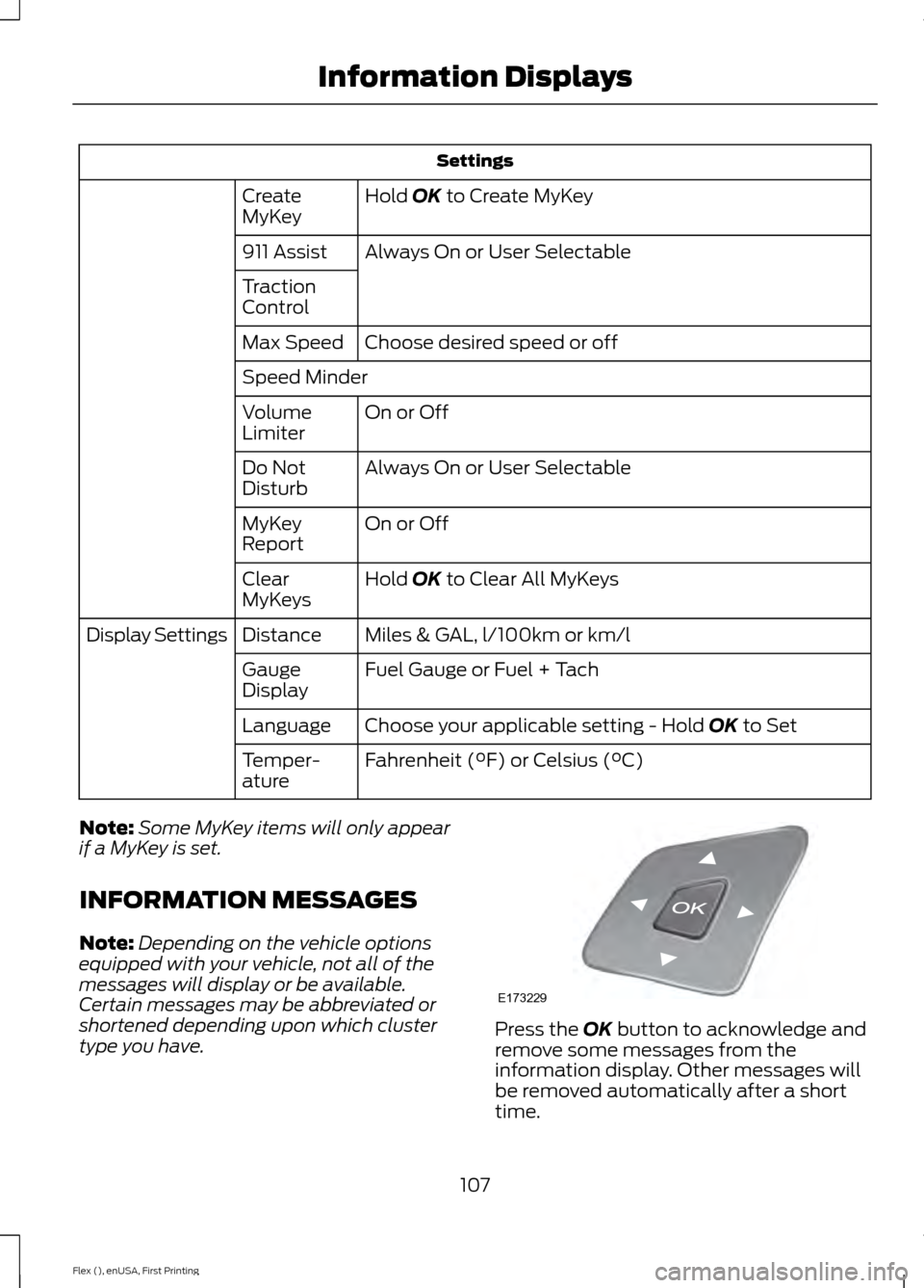 FORD FLEX 2017 1.G Owners Manual Settings
Hold OK to Create MyKey
Create
MyKey
Always On or User Selectable
911 Assist
Traction
Control
Choose desired speed or off
Max Speed
Speed Minder
On or Off
Volume
Limiter
Always On or User Sel FORD FLEX 2017 1.G Owners Manual Settings
Hold OK to Create MyKey
Create
MyKey
Always On or User Selectable
911 Assist
Traction
Control
Choose desired speed or off
Max Speed
Speed Minder
On or Off
Volume
Limiter
Always On or User Sel
