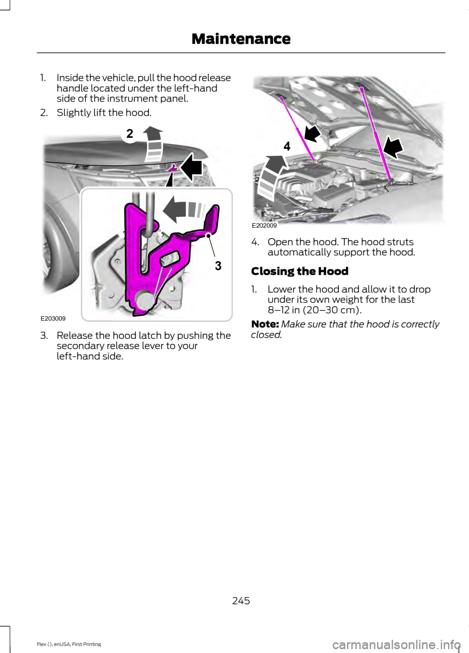 FORD FLEX 2017 1.G Owners Manual 1.
Inside the vehicle, pull the hood release
handle located under the left-hand
side of the instrument panel.
2. Slightly lift the hood. 3. Release the hood latch by pushing the
secondary release leve