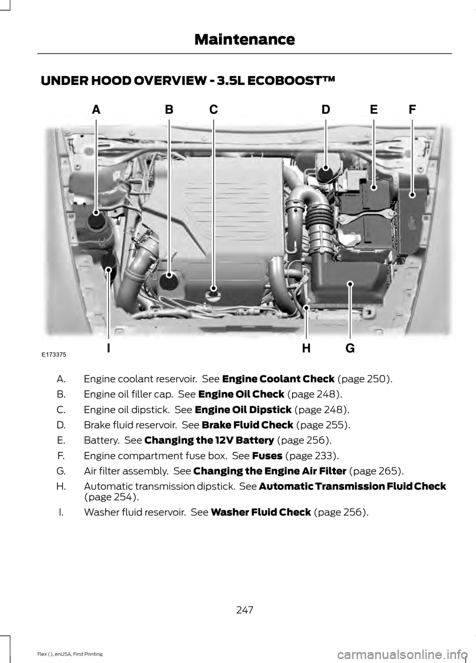 FORD FLEX 2017 1.G Owners Manual UNDER HOOD OVERVIEW - 3.5L ECOBOOST™
Engine coolant reservoir.  See Engine Coolant Check (page 250).
A.
Engine oil filler cap.  See 
Engine Oil Check (page 248).
B.
Engine oil dipstick.  See 
Engine