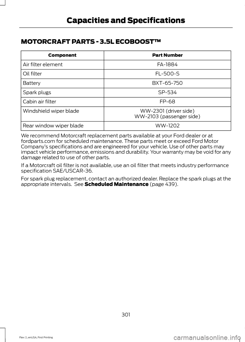 FORD FLEX 2017 1.G Owners Manual MOTORCRAFT PARTS - 3.5L ECOBOOST™
Part Number
Component
FA-1884
Air filter element
FL-500-S
Oil filter
BXT-65-750
Battery
SP-534
Spark plugs
FP-68
Cabin air filter
WW-2301 (driver side)
Windshield w