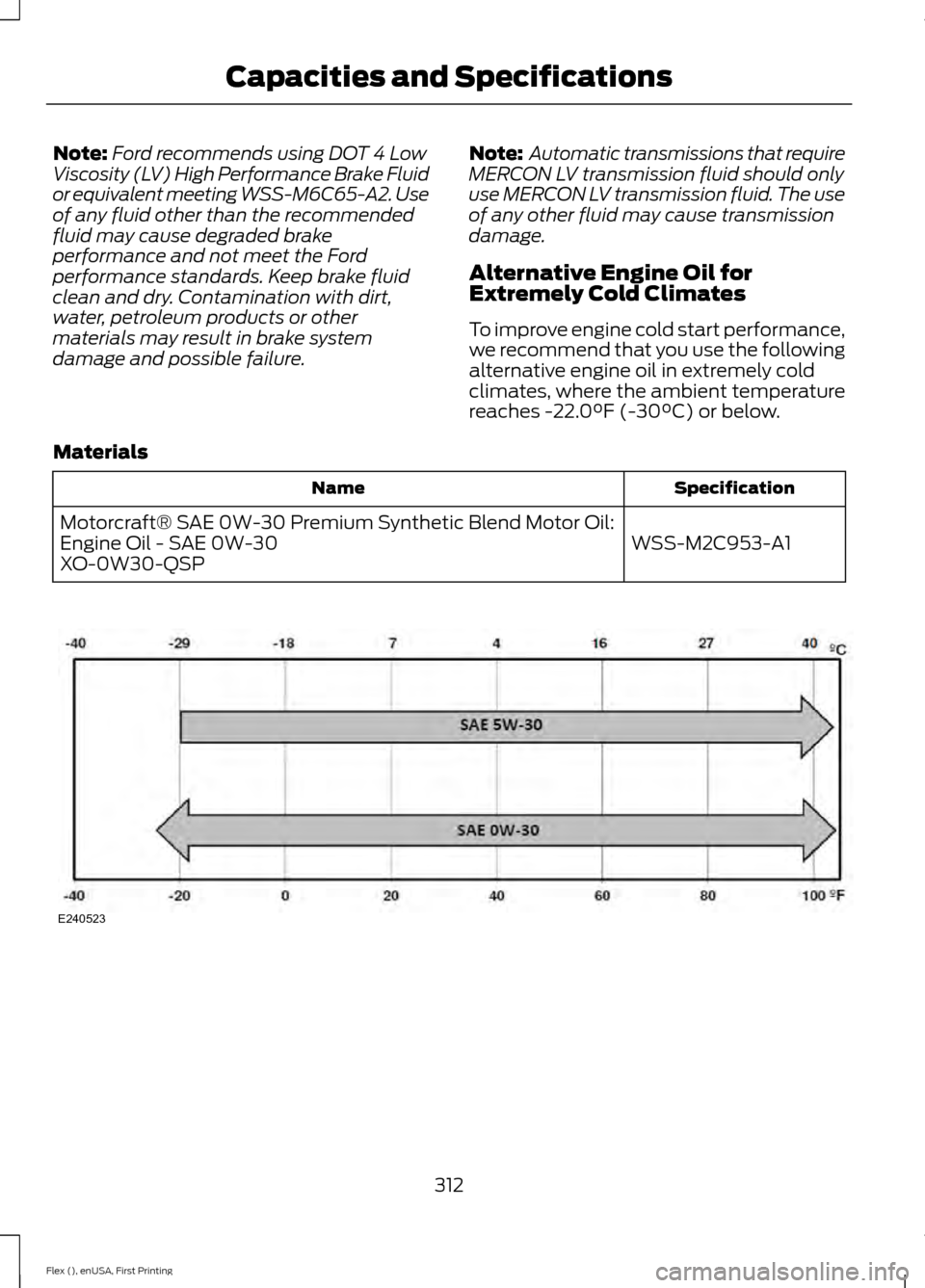 FORD FLEX 2017 1.G Owners Manual Note:
Ford recommends using DOT 4 Low
Viscosity (LV) High Performance Brake Fluid
or equivalent meeting WSS-M6C65-A2. Use
of any fluid other than the recommended
fluid may cause degraded brake
perform