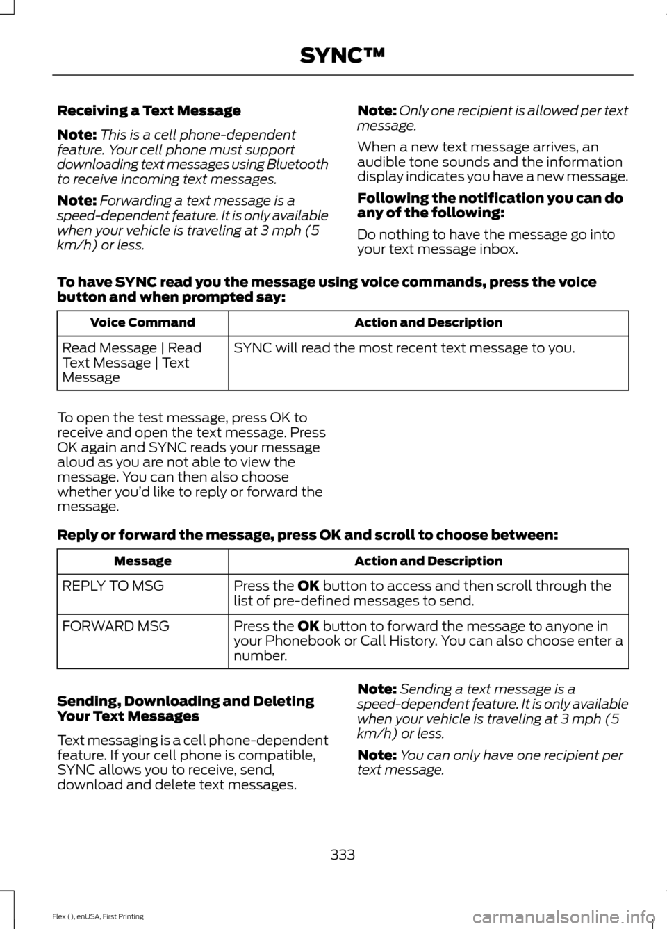 FORD FLEX 2017 1.G Owners Manual Receiving a Text Message
Note:
This is a cell phone-dependent
feature. Your cell phone must support
downloading text messages using Bluetooth
to receive incoming text messages.
Note: Forwarding a text FORD FLEX 2017 1.G Owners Manual Receiving a Text Message
Note:
This is a cell phone-dependent
feature. Your cell phone must support
downloading text messages using Bluetooth
to receive incoming text messages.
Note: Forwarding a text
