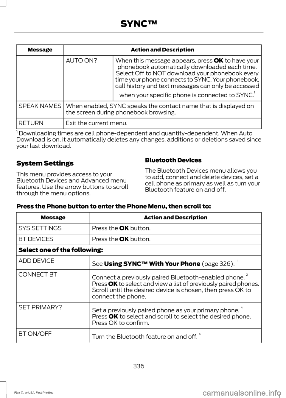 FORD FLEX 2017 1.G Owners Manual Action and Description
Message
When this message appears, press OK to have your
phonebook automatically downloaded each time.
AUTO ON?
Select Off to NOT download your phonebook every
time your phone c FORD FLEX 2017 1.G Owners Manual Action and Description
Message
When this message appears, press OK to have your
phonebook automatically downloaded each time.
AUTO ON?
Select Off to NOT download your phonebook every
time your phone c