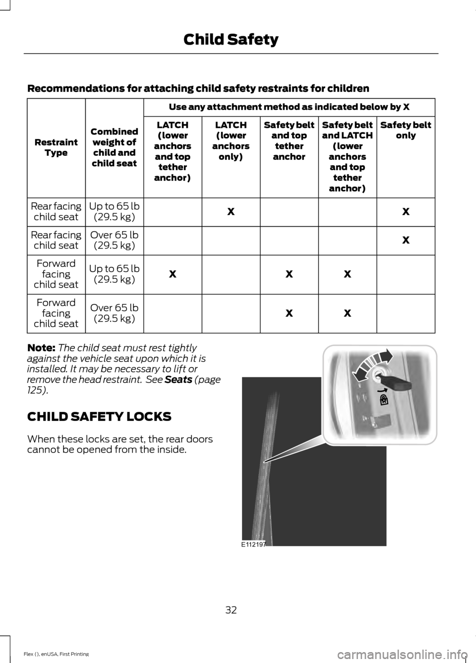 FORD FLEX 2017 1.G Owners Guide Recommendations for attaching child safety restraints for children
Use any attachment method as indicated below by X
Combined weight ofchild and
child seat
Restraint
Type Safety belt
only
Safety belt

