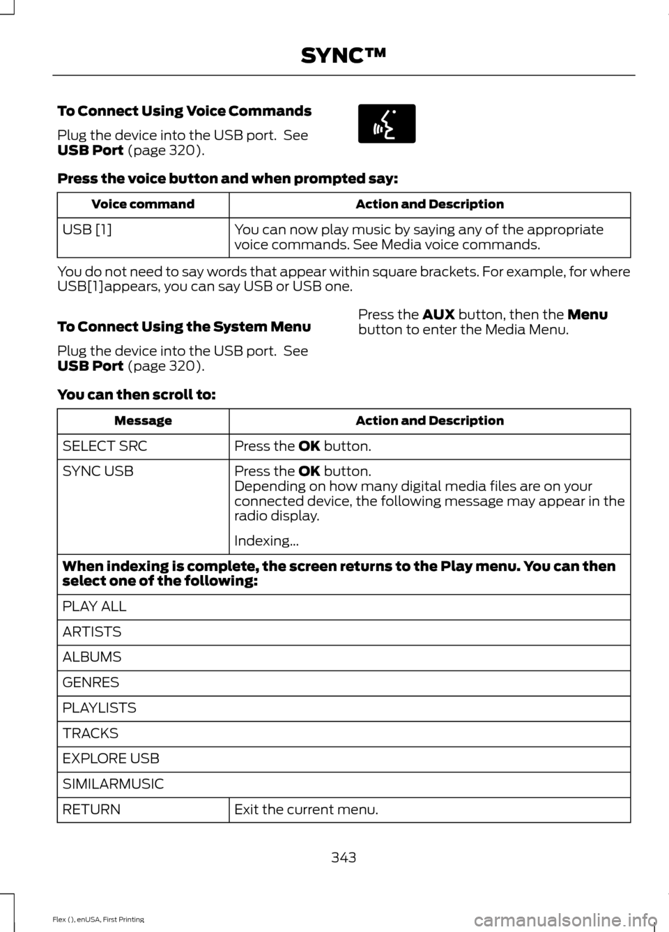 FORD FLEX 2017 1.G Owners Manual To Connect Using Voice Commands
Plug the device into the USB port. See
USB Port (page 320).
Press the voice button and when prompted say:
Action and Description
Voice command
You can now play music b FORD FLEX 2017 1.G Owners Manual To Connect Using Voice Commands
Plug the device into the USB port. See
USB Port (page 320).
Press the voice button and when prompted say:
Action and Description
Voice command
You can now play music b