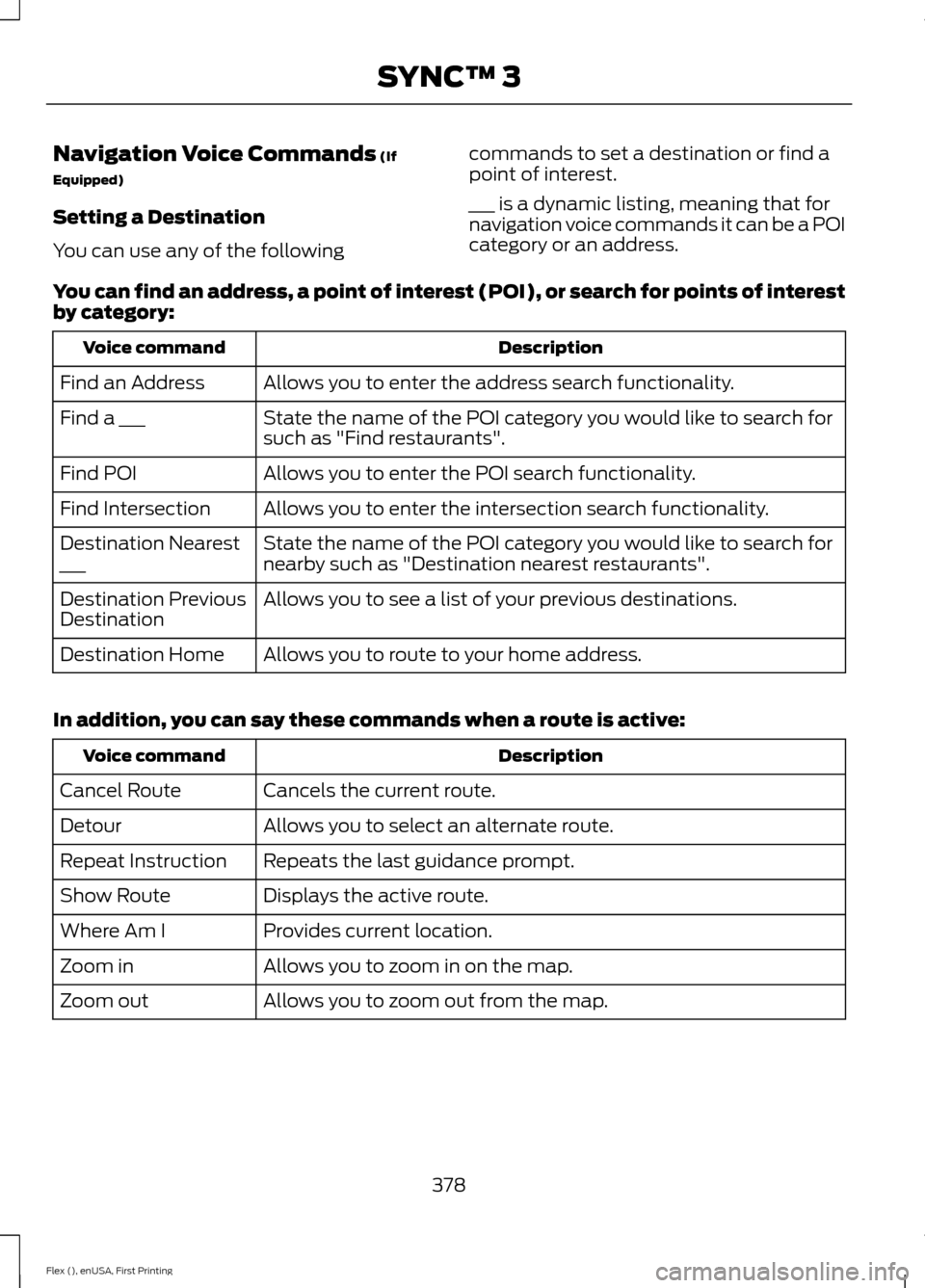 FORD FLEX 2017 1.G Owners Manual Navigation Voice Commands (If
Equipped)
Setting a Destination
You can use any of the following commands to set a destination or find a
point of interest.
___ is a dynamic listing, meaning that for
nav FORD FLEX 2017 1.G Owners Manual Navigation Voice Commands (If
Equipped)
Setting a Destination
You can use any of the following commands to set a destination or find a
point of interest.
___ is a dynamic listing, meaning that for
nav
