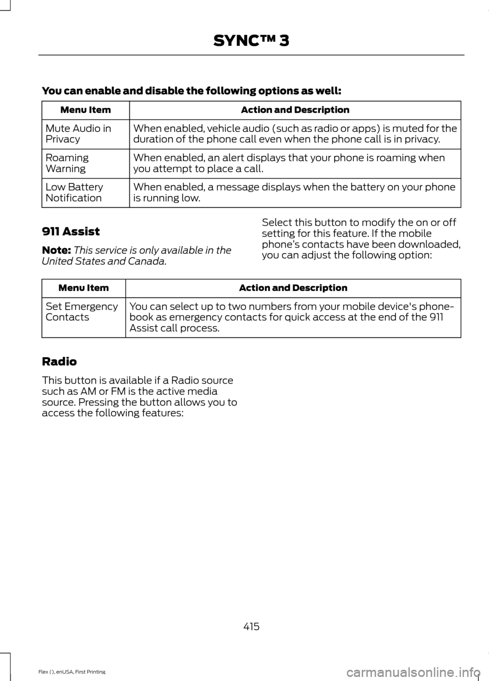 FORD FLEX 2017 1.G Owners Manual You can enable and disable the following options as well:
Action and Description
Menu Item
When enabled, vehicle audio (such as radio or apps) is muted for the
duration of the phone call even when the FORD FLEX 2017 1.G Owners Manual You can enable and disable the following options as well:
Action and Description
Menu Item
When enabled, vehicle audio (such as radio or apps) is muted for the
duration of the phone call even when the