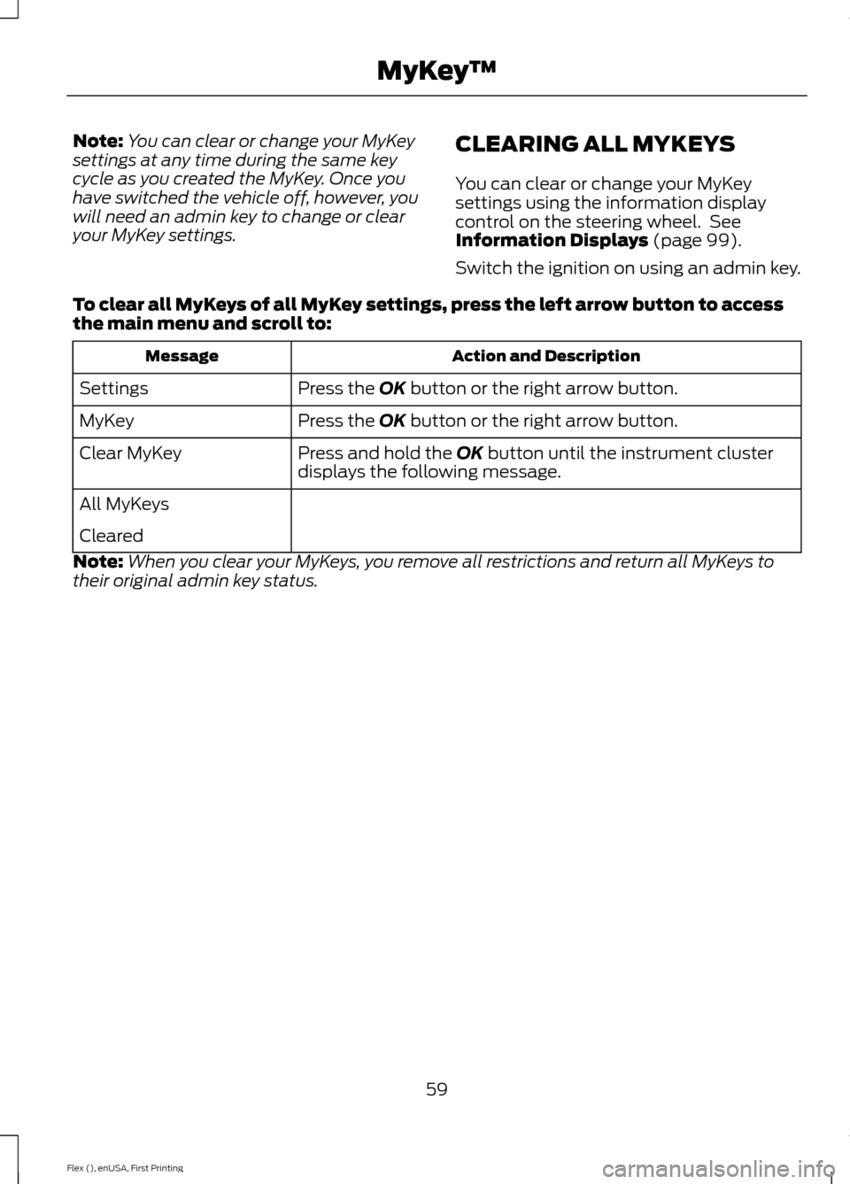 FORD FLEX 2017 1.G Owners Manual Note:
You can clear or change your MyKey
settings at any time during the same key
cycle as you created the MyKey. Once you
have switched the vehicle off, however, you
will need an admin key to change FORD FLEX 2017 1.G Owners Manual Note:
You can clear or change your MyKey
settings at any time during the same key
cycle as you created the MyKey. Once you
have switched the vehicle off, however, you
will need an admin key to change