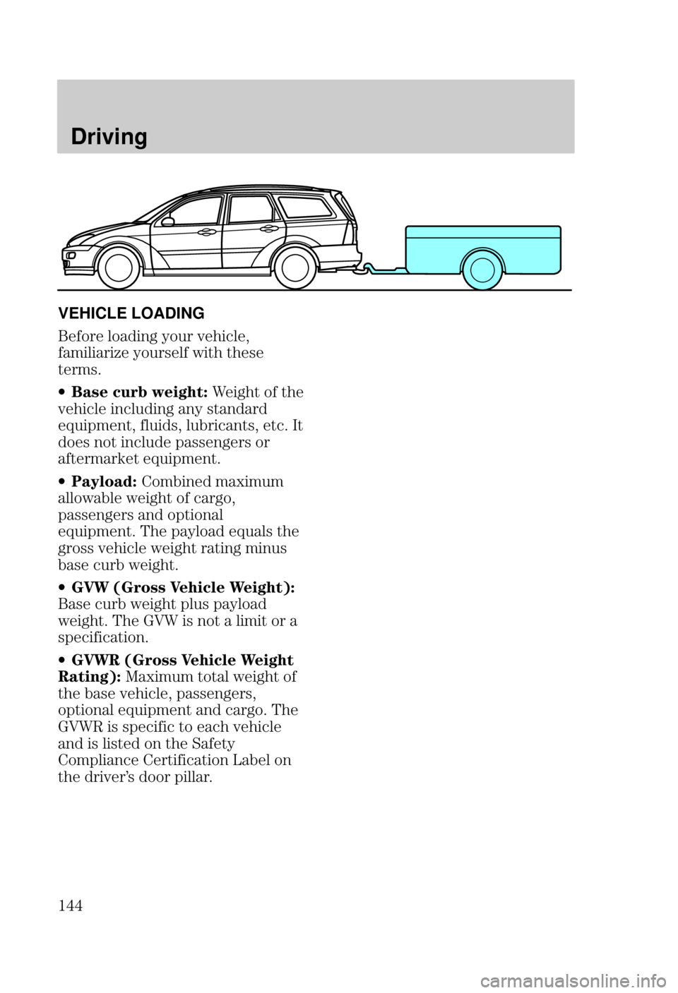 FORD FOCUS 2000 1.G Owners Manual Driving

VEHICLE LOADING
"  )%" &
"* )%"# $ $#
$"#
w 
 $  $
& % ) #$"
!% $ %# %"$# $ 
$
