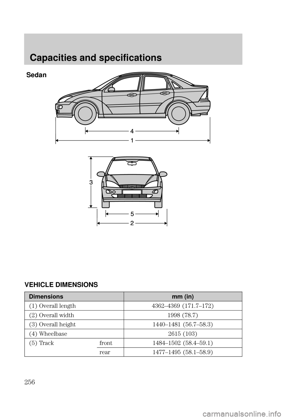 FORD FOCUS 2000 1.G Owners Manual Capacities and specifications
Sedan
VEHICLE DIMENSIONS
Dimensionsmm (in)
 #  "
	
	 



 #  $" 


	 #  "


 
	

 !