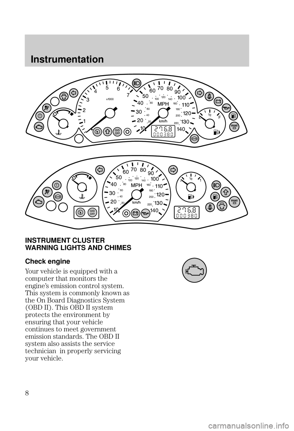 FORD FOCUS 2000 1.G Owners Manual Instrumentation

INSTRUMENT CLUSTER
WARNING LIGHTS AND CHIMES
Check engine

  !    " 
    
   #
 #  # " 