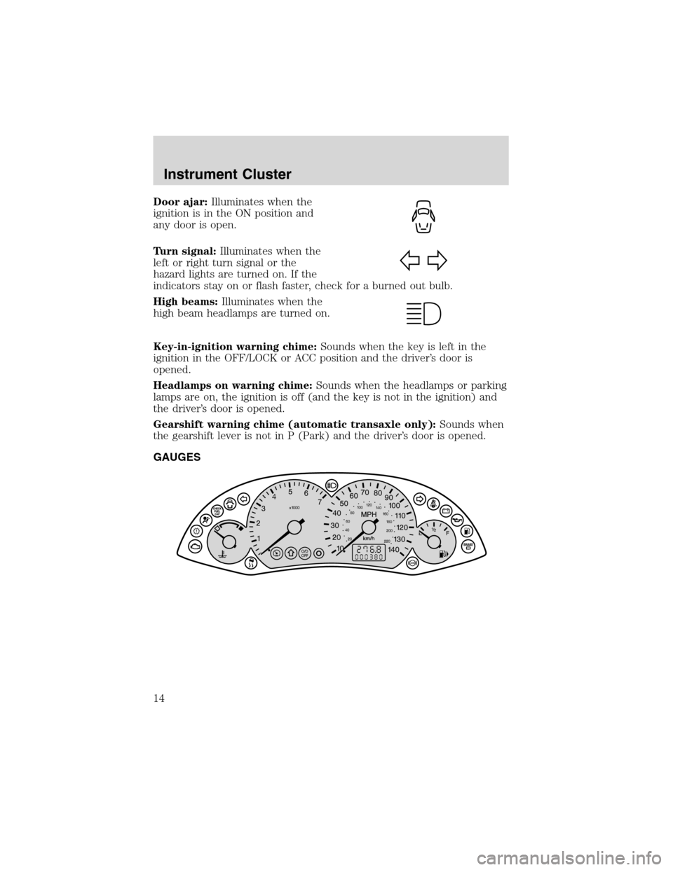 FORD FOCUS 2003 1.G User Guide Door ajar:Illuminates when the
ignition is in the ON position and
any door is open.
Turn signal:Illuminates when the
left or right turn signal or the
hazard lights are turned on. If the
indicators sta FORD FOCUS 2003 1.G User Guide Door ajar:Illuminates when the
ignition is in the ON position and
any door is open.
Turn signal:Illuminates when the
left or right turn signal or the
hazard lights are turned on. If the
indicators sta