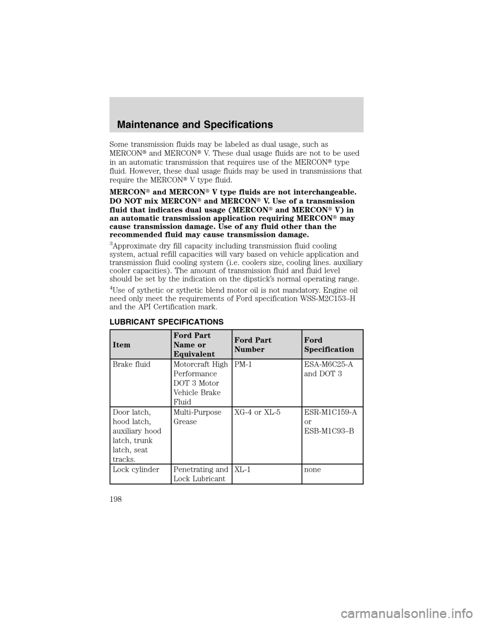 FORD FOCUS 2003 1.G Owners Manual Some transmission fluids may be labeled as dual usage, such as
MERCONand MERCONV. These dual usage fluids are not to be used
in an automatic transmission that requires use of the MERCONtype
fluid. 