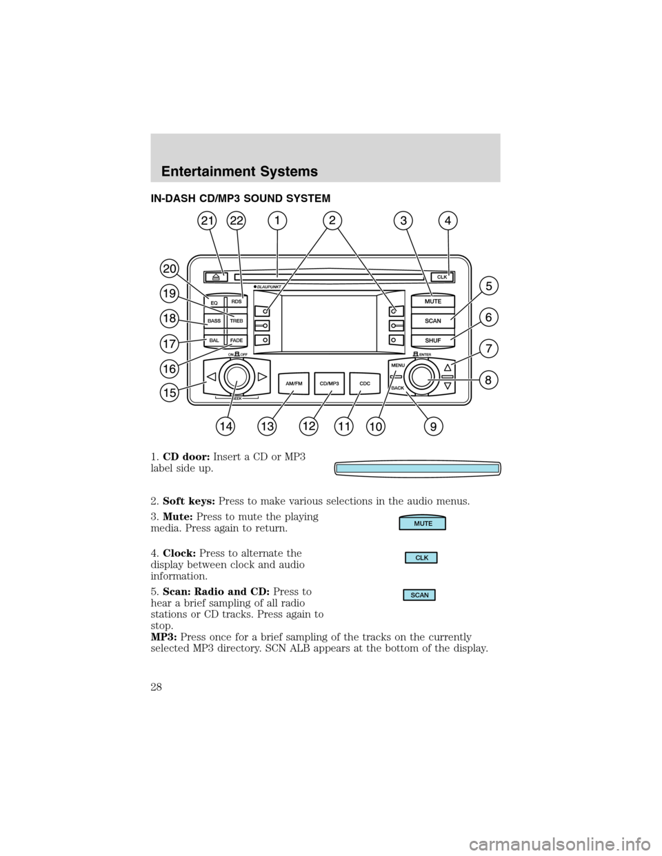 FORD FOCUS 2003 1.G Owners Manual IN-DASH CD/MP3 SOUND SYSTEM
1.CD door:Insert a CD or MP3
label side up.
2.Soft keys:Press to make various selections in the audio menus.
3.Mute:Press to mute the playing
media. Press again to return.
FORD FOCUS 2003 1.G Owners Manual IN-DASH CD/MP3 SOUND SYSTEM
1.CD door:Insert a CD or MP3
label side up.
2.Soft keys:Press to make various selections in the audio menus.
3.Mute:Press to mute the playing
media. Press again to return.