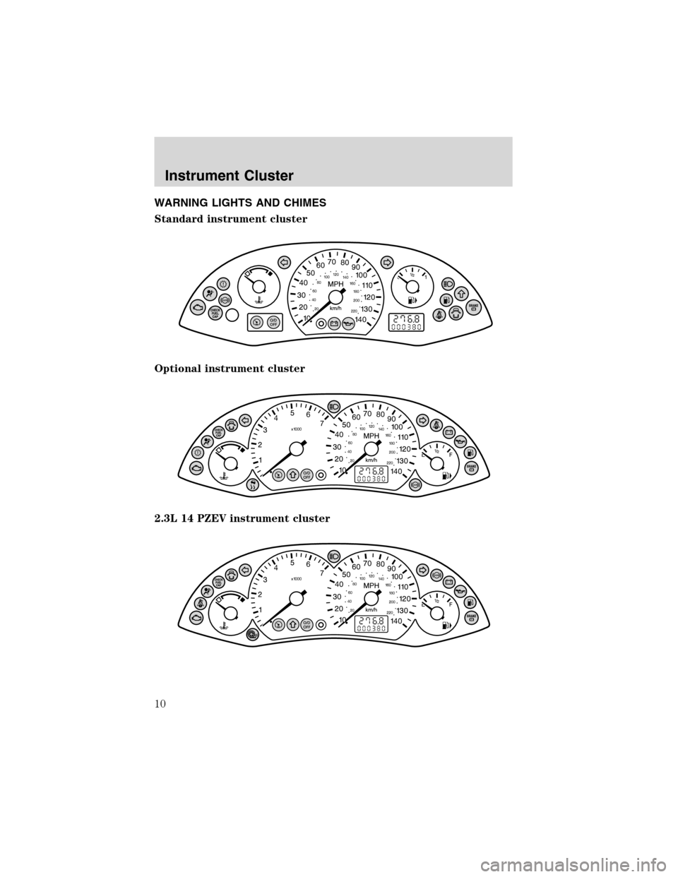 FORD FOCUS 2003 1.G Owners Manual Instrument ClusterWARNING LIGHTS AND CHIMES
Standard instrument cluster
Optional instrument cluster
2.3L 14 PZEV instrument cluster
Instrument Cluster
10 