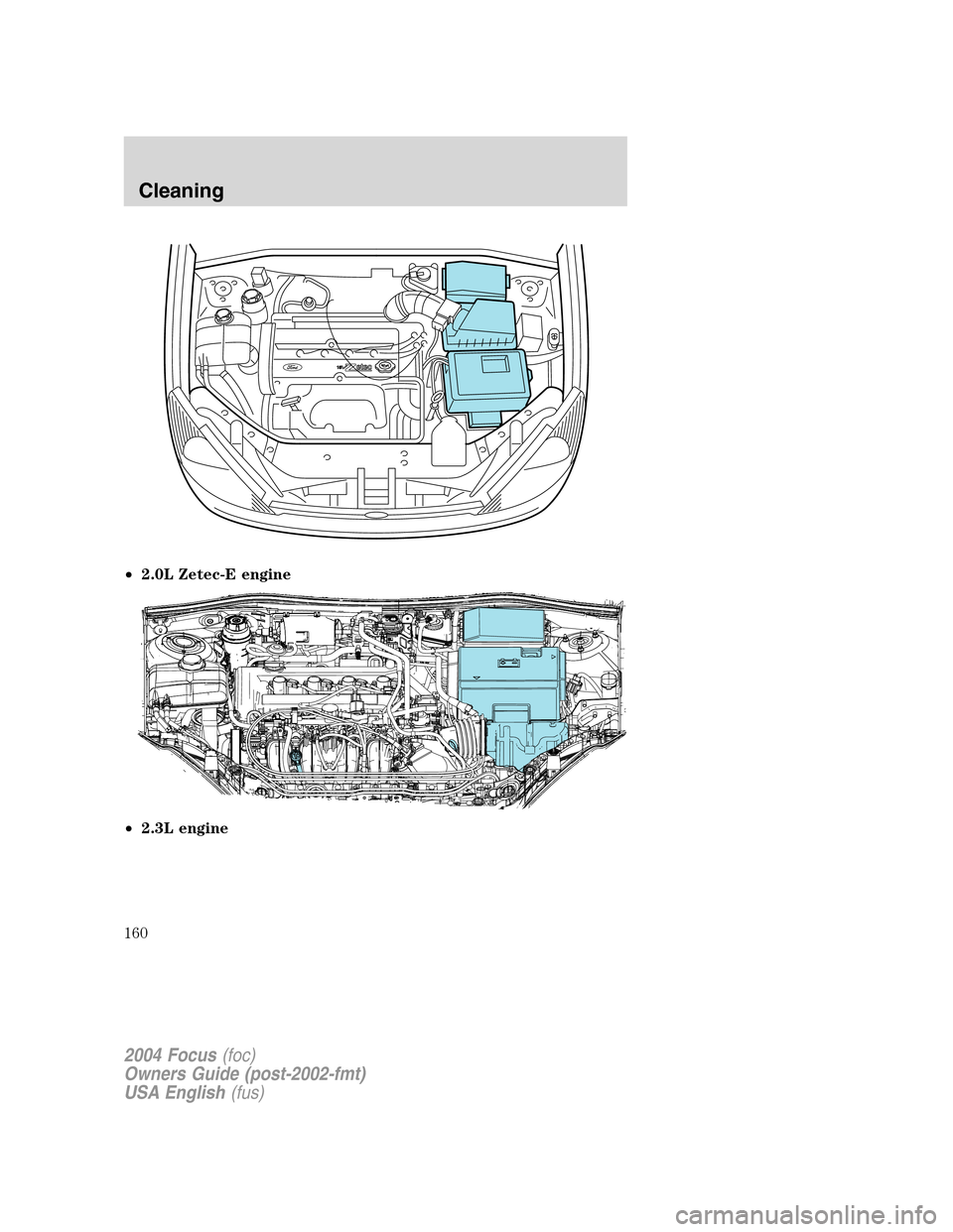 FORD FOCUS 2004 1.G Owners Manual •2.0L Zetec-E engine
•2.3L engine
2004 Focus(foc)
Owners Guide (post-2002-fmt)
USA English(fus)
Cleaning
160 FORD FOCUS 2004 1.G Owners Manual •2.0L Zetec-E engine
•2.3L engine
2004 Focus(foc)
Owners Guide (post-2002-fmt)
USA English(fus)
Cleaning
160