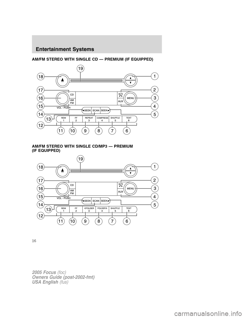 FORD FOCUS 2005 1.G User Guide AM/FM STEREO WITH SINGLE CD — PREMIUM (IF EQUIPPED)
AM/FM STEREO WITH SINGLE CD/MP3 — PREMIUM
(IF EQUIPPED)
2005 Focus(foc)
Owners Guide (post-2002-fmt)
USA English(fus)
Entertainment Systems
Ente FORD FOCUS 2005 1.G User Guide AM/FM STEREO WITH SINGLE CD — PREMIUM (IF EQUIPPED)
AM/FM STEREO WITH SINGLE CD/MP3 — PREMIUM
(IF EQUIPPED)
2005 Focus(foc)
Owners Guide (post-2002-fmt)
USA English(fus)
Entertainment Systems
Ente