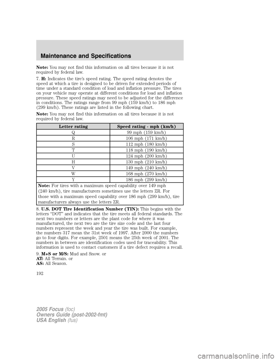 FORD FOCUS 2005 1.G Owners Manual Note:You may not find this information on all tires because it is not
required by federal law.
7.H:Indicates the tire’s speed rating. The speed rating denotes the
speed at which a tire is designed t