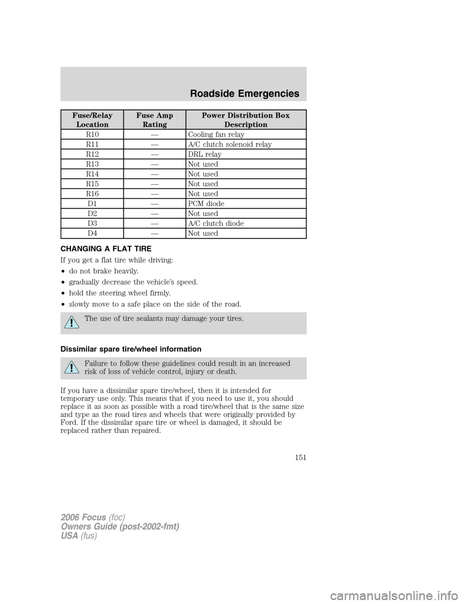 FORD FOCUS 2006 2.G Owners Manual Fuse/Relay
LocationFuse Amp
RatingPower Distribution Box
Description
R10 — Cooling fan relay
R11 — A/C clutch solenoid relay
R12 — DRL relay
R13 — Not used
R14 — Not used
R15 — Not used
R1 FORD FOCUS 2006 2.G Owners Manual Fuse/Relay
LocationFuse Amp
RatingPower Distribution Box
Description
R10 — Cooling fan relay
R11 — A/C clutch solenoid relay
R12 — DRL relay
R13 — Not used
R14 — Not used
R15 — Not used
R1