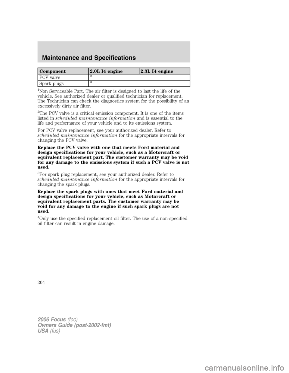 FORD FOCUS 2006 2.G Owners Manual Component 2.0L I4 engine 2.3L I4 engine
PCV valve2
Spark plugs3
1
Non Serviceable Part. The air filter is designed to last the life of the
vehicle. See authorized dealer or qualified technician for re