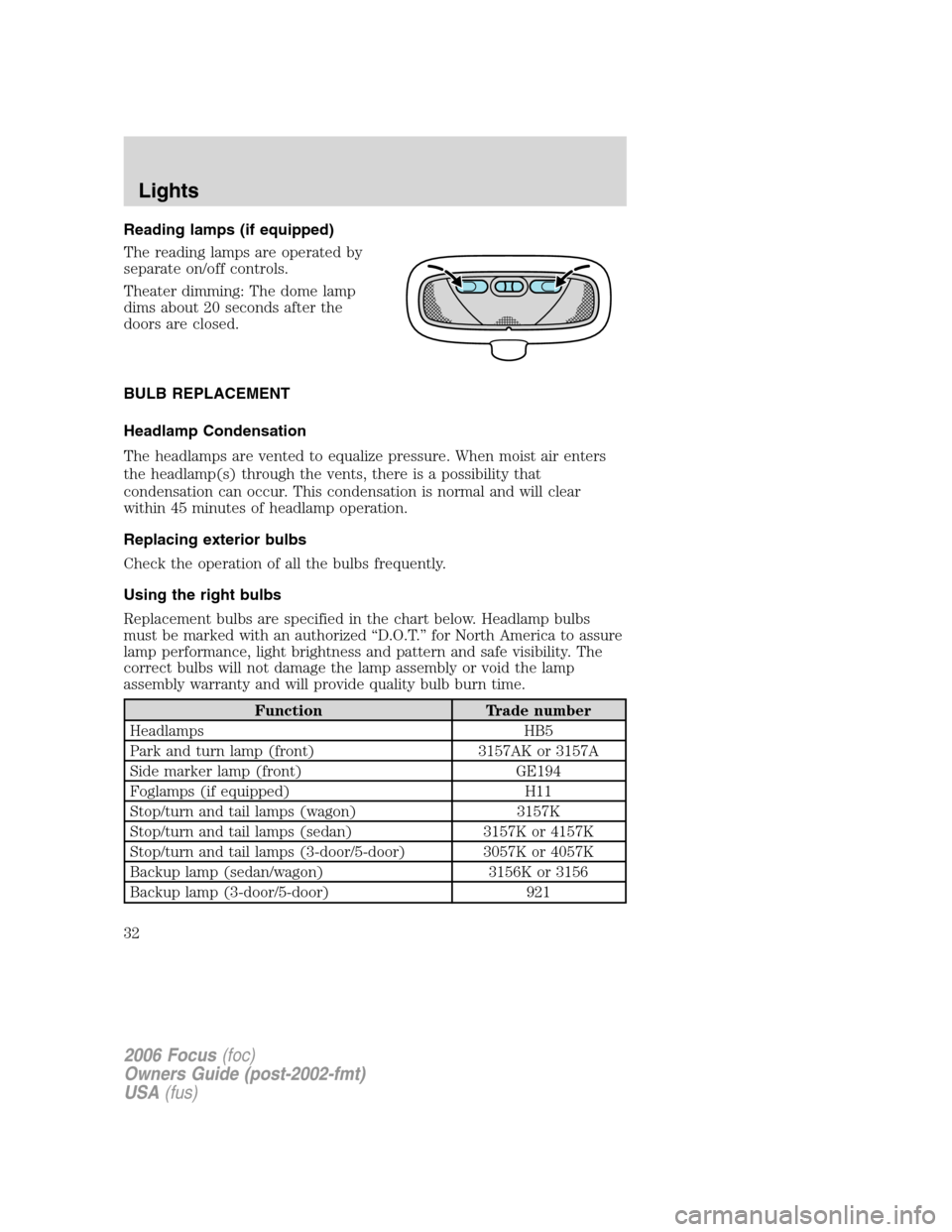 FORD FOCUS 2006 2.G Owners Manual Reading lamps (if equipped)
The reading lamps are operated by
separate on/off controls.
Theater dimming: The dome lamp
dims about 20 seconds after the
doors are closed.
BULB REPLACEMENT
Headlamp Conde