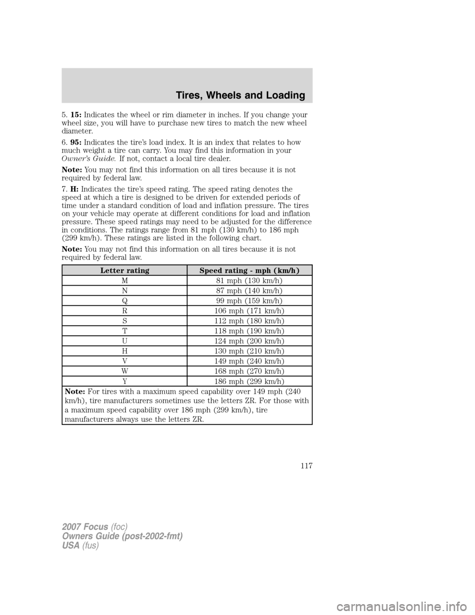 FORD FOCUS 2007 2.G Owners Manual 5.15:Indicates the wheel or rim diameter in inches. If you change your
wheel size, you will have to purchase new tires to match the new wheel
diameter.
6.95:Indicates the tire’s load index. It is an FORD FOCUS 2007 2.G Owners Manual 5.15:Indicates the wheel or rim diameter in inches. If you change your
wheel size, you will have to purchase new tires to match the new wheel
diameter.
6.95:Indicates the tire’s load index. It is an