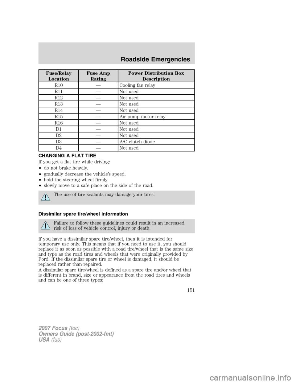 FORD FOCUS 2007 2.G Owners Manual Fuse/Relay
LocationFuse Amp
RatingPower Distribution Box
Description
R10 — Cooling fan relay
R11 — Not used
R12 — Not used
R13 — Not used
R14 — Not used
R15 — Air pump motor relay
R16 — 