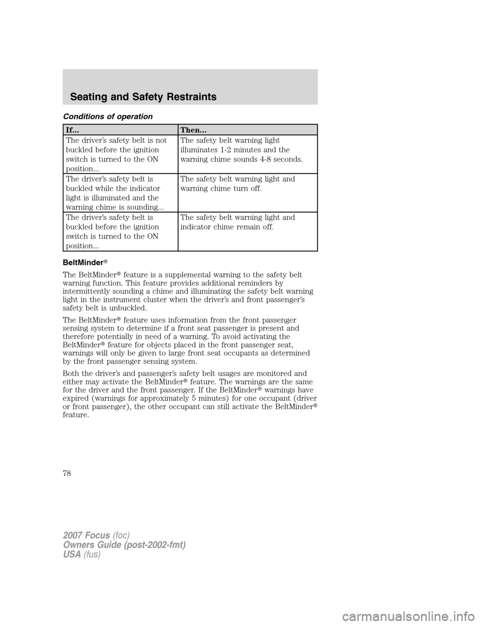 FORD FOCUS 2007 2.G Manual PDF Conditions of operation
If... Then...
The driver’s safety belt is not
buckled before the ignition
switch is turned to the ON
position...The safety belt warning light
illuminates 1-2 minutes and the
FORD FOCUS 2007 2.G Manual PDF Conditions of operation
If... Then...
The driver’s safety belt is not
buckled before the ignition
switch is turned to the ON
position...The safety belt warning light
illuminates 1-2 minutes and the