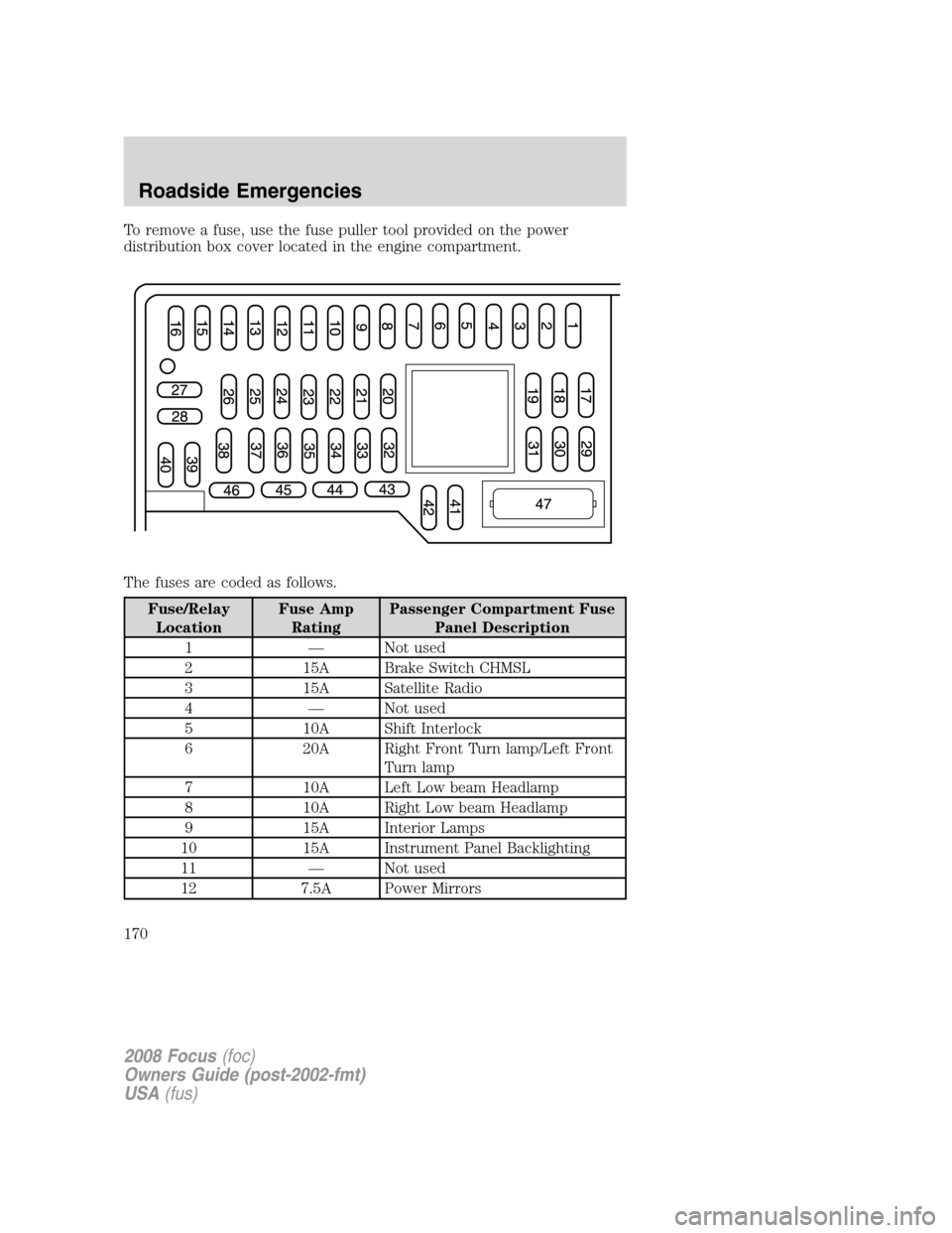 FORD FOCUS 2008 2.G User Guide To remove a fuse, use the fuse puller tool provided on the power
distribution box cover located in the engine compartment.
The fuses are coded as follows.
Fuse/Relay
LocationFuse Amp
RatingPassenger C FORD FOCUS 2008 2.G User Guide To remove a fuse, use the fuse puller tool provided on the power
distribution box cover located in the engine compartment.
The fuses are coded as follows.
Fuse/Relay
LocationFuse Amp
RatingPassenger C
