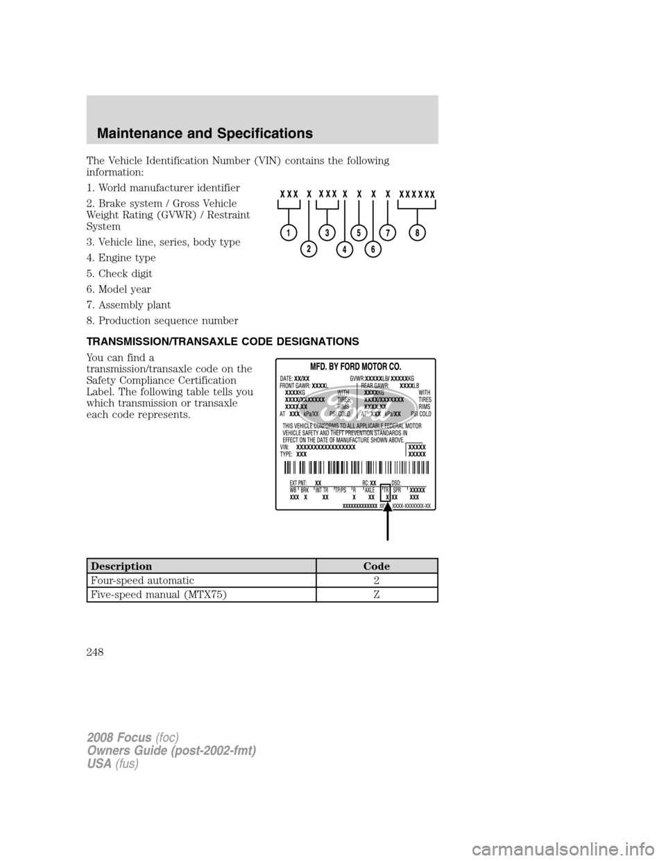 FORD FOCUS 2008 2.G Owners Manual The Vehicle Identification Number (VIN) contains the following
information:
1. World manufacturer identifier
2. Brake system / Gross Vehicle
Weight Rating (GVWR) / Restraint
System
3. Vehicle line, se FORD FOCUS 2008 2.G Owners Manual The Vehicle Identification Number (VIN) contains the following
information:
1. World manufacturer identifier
2. Brake system / Gross Vehicle
Weight Rating (GVWR) / Restraint
System
3. Vehicle line, se