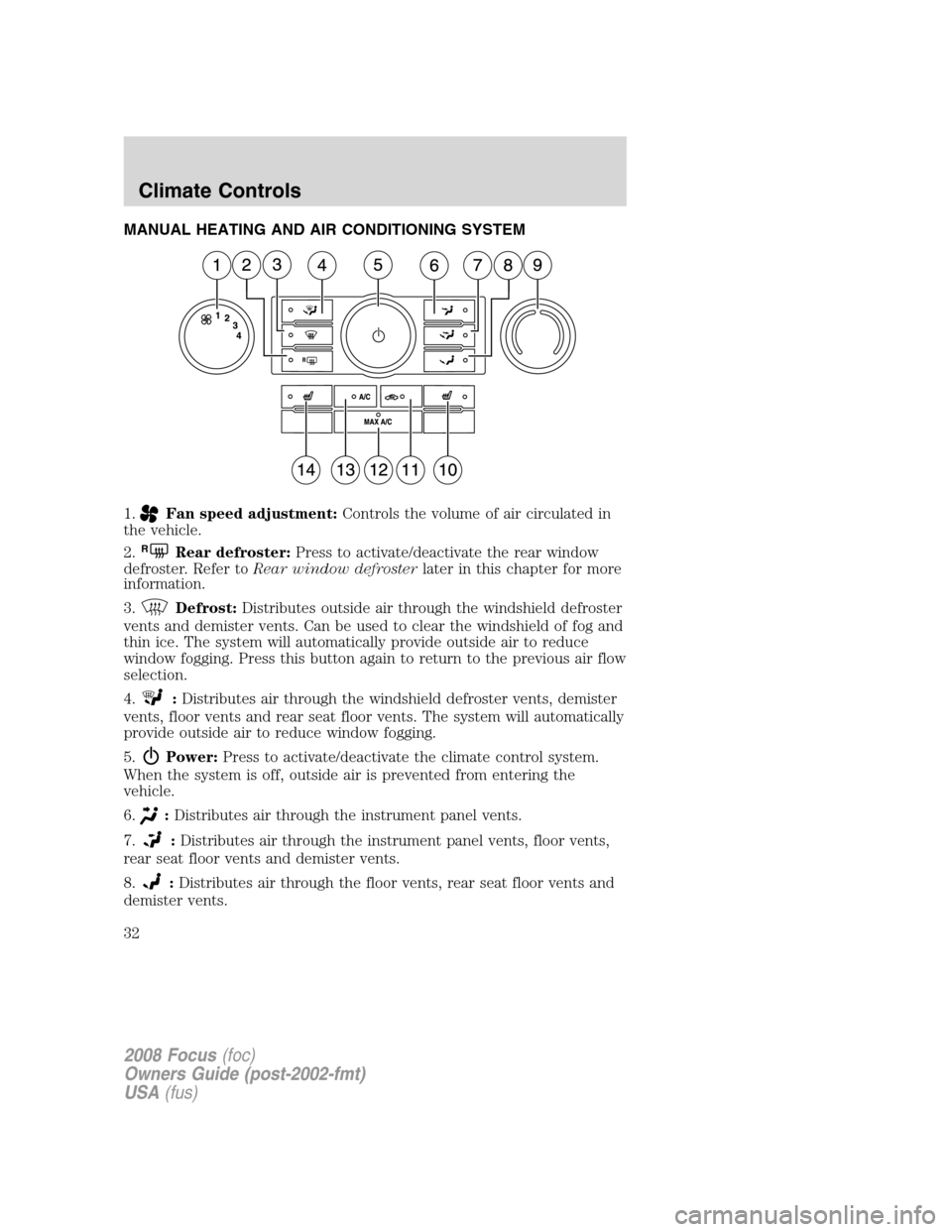 FORD FOCUS 2008 2.G Owners Guide MANUAL HEATING AND AIR CONDITIONING SYSTEM
1.
Fan speed adjustment:Controls the volume of air circulated in
the vehicle.
2.
RRear defroster:Press to activate/deactivate the rear window
defroster. Refe