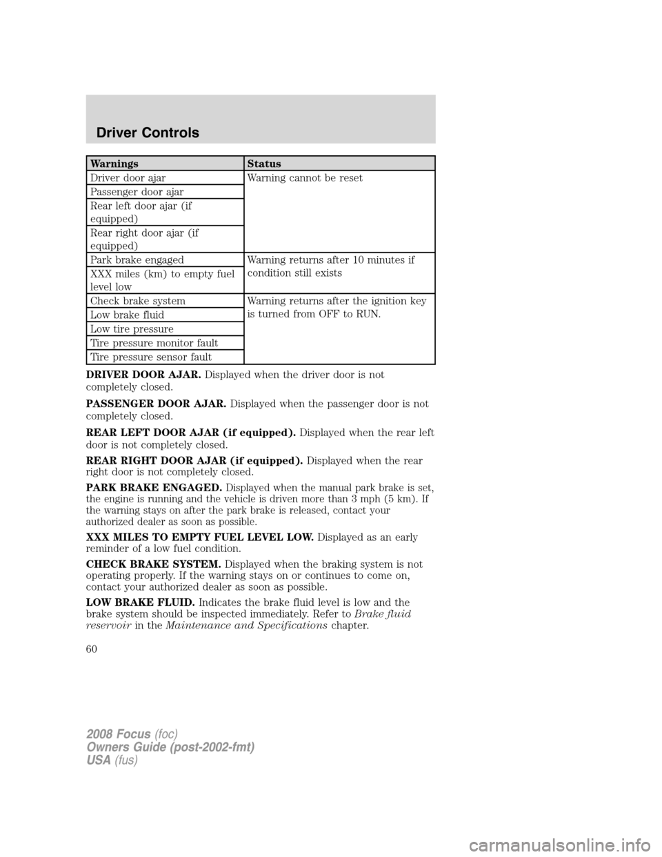 FORD FOCUS 2008 2.G Workshop Manual Warnings Status
Driver door ajar Warning cannot be reset
Passenger door ajar
Rear left door ajar (if
equipped)
Rear right door ajar (if
equipped)
Park brake engaged Warning returns after 10 minutes if FORD FOCUS 2008 2.G Workshop Manual Warnings Status
Driver door ajar Warning cannot be reset
Passenger door ajar
Rear left door ajar (if
equipped)
Rear right door ajar (if
equipped)
Park brake engaged Warning returns after 10 minutes if