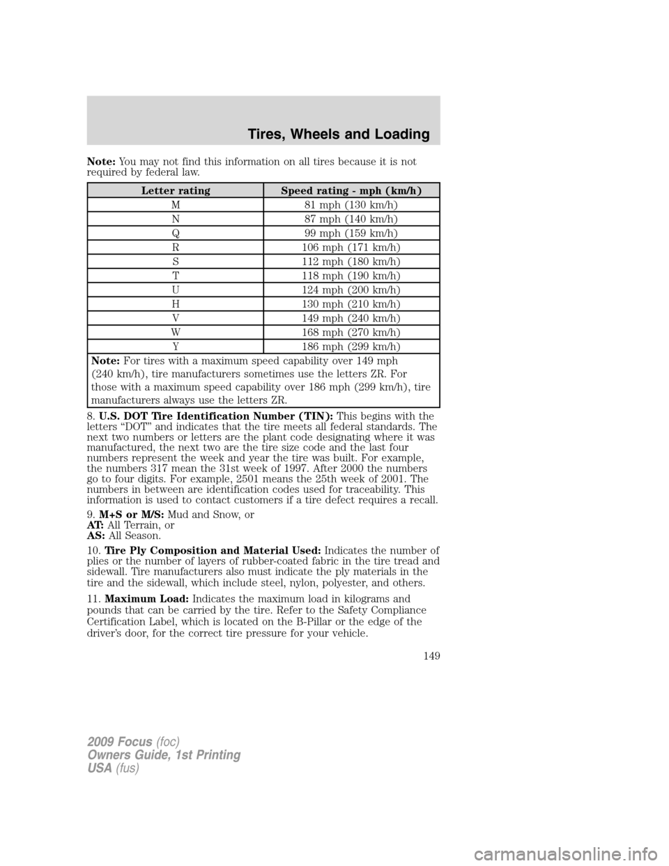 FORD FOCUS 2009 2.G Owners Manual Note:You may not find this information on all tires because it is not
required by federal law.
Letter rating Speed rating - mph (km/h)
M 81 mph (130 km/h)
N 87 mph (140 km/h)
Q 99 mph (159 km/h)
R 106
