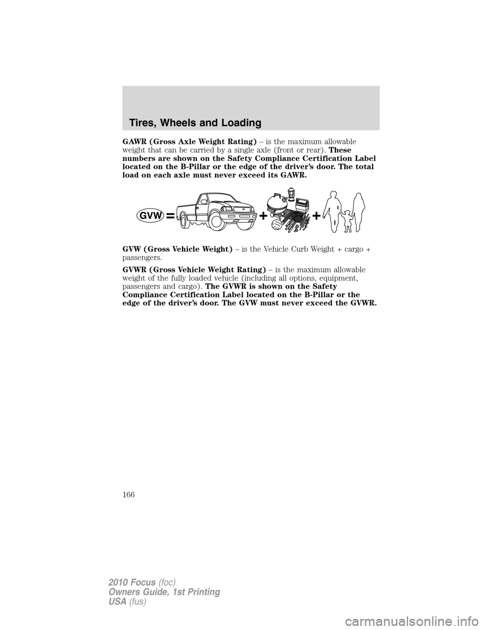 FORD FOCUS 2010 2.G Owners Manual GAWR (Gross Axle Weight Rating)– is the maximum allowable
weight that can be carried by a single axle (front or rear).These
numbers are shown on the Safety Compliance Certification Label
located on 