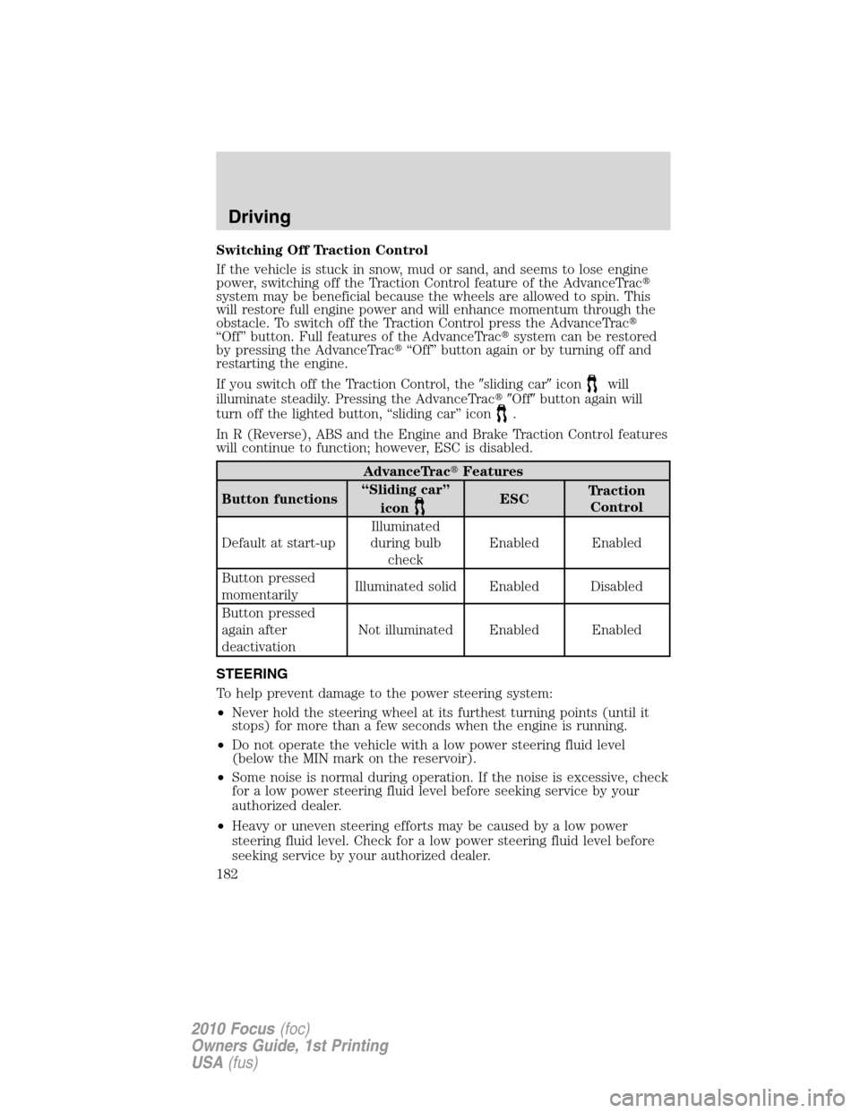 FORD FOCUS 2010 2.G Owners Manual Switching Off Traction Control
If the vehicle is stuck in snow, mud or sand, and seems to lose engine
power, switching off the Traction Control feature of the AdvanceTrac
system may be beneficial bec