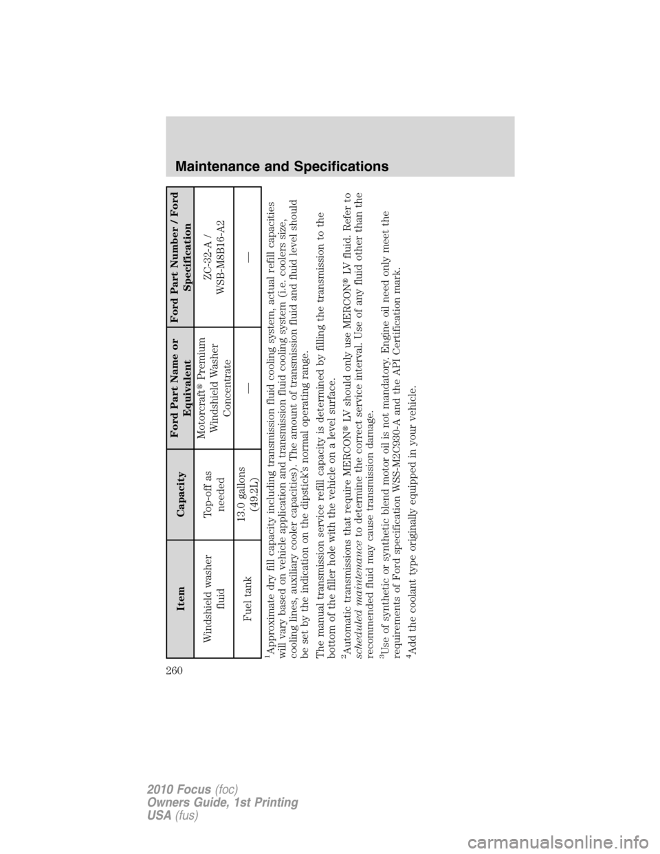 FORD FOCUS 2010 2.G User Guide Item CapacityFord Part Name or
EquivalentFord Part Number / Ford
Specification
Windshield washer
fluidTop-off as
neededMotorcraftPremium
Windshield Washer
ConcentrateZC-32-A /
WSB-M8B16-A2
Fuel tank1