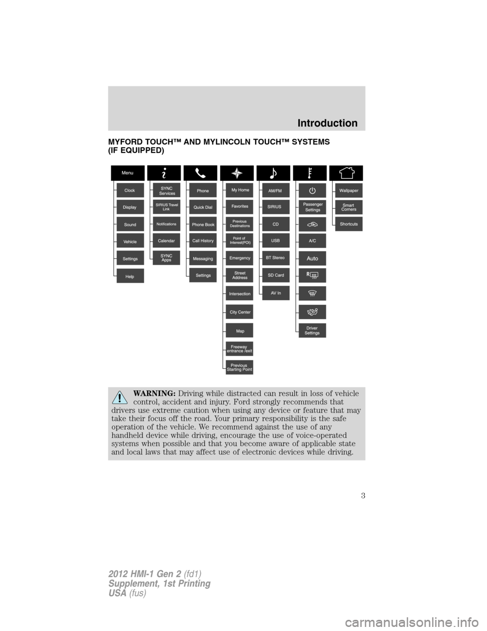 FORD FOCUS 2012 3.G MyFord Touch Supplement Manual MYFORD TOUCH™ AND MYLINCOLN TOUCH™ SYSTEMS
(IF EQUIPPED)
WARNING:Driving while distracted can result in loss of vehicle
control, accident and injury. Ford strongly recommends that
drivers use extr